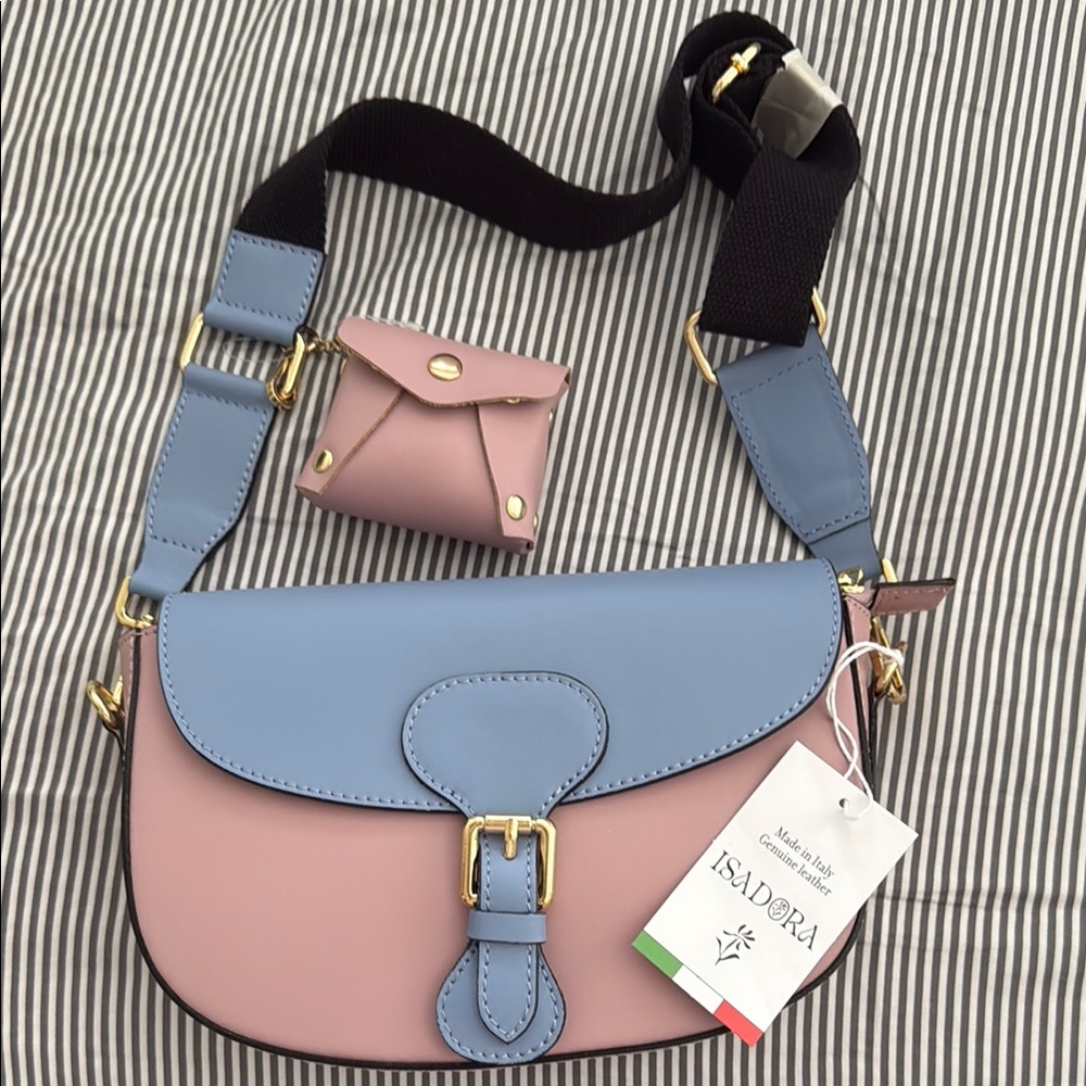 Chic Italian Leather Blue & Pink Women's Bag with Earbud holder